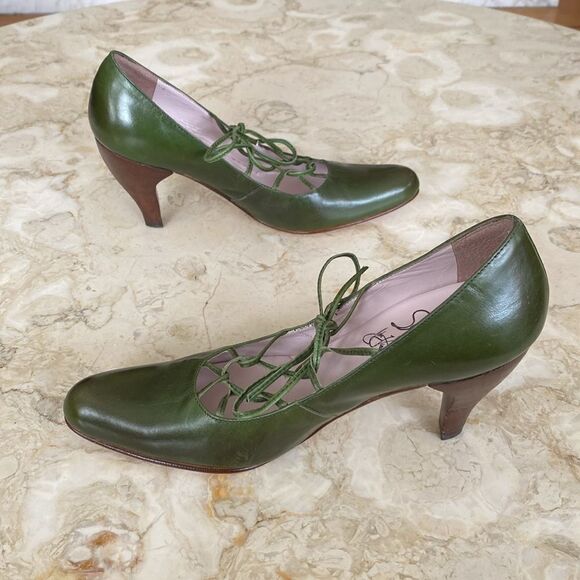 John Fluevog Teapots Darjeeling Leather Pumps Heels Olive Green - Picture 8 of 15